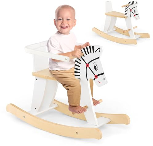 RELAX4LIFE Cavallo A Dondolo In Legno Con Sponde Rimovibili, Giocattolo A Dondolo Con Seduta Comoda, Motivi Carini, Carico Massimo 40 Kg, Ideale Per Bambini 3 Anni, Bianco