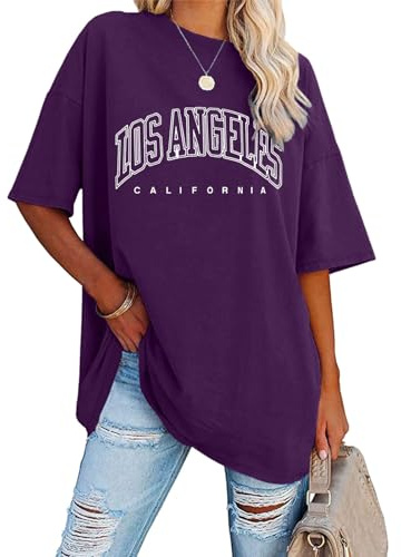 Générique Tee Shirt Long Femme Grande Taille Los Angeles California Imprimé Baggy T-Shirt Col Rond manches courtes décontractée Tops d'été Mode Imprimé Lâche Haut Long Blouse