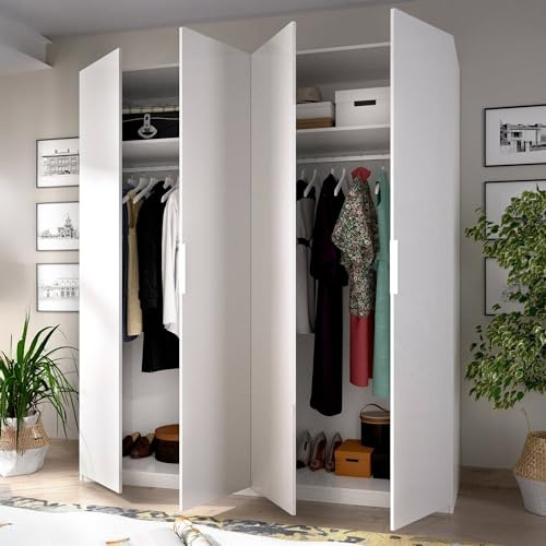 Dmora - Armoire Prado, Cintre pour Chambre à Coucher, Armoire avec 4 Portes battantes, 180x52h204 cm, Blanc