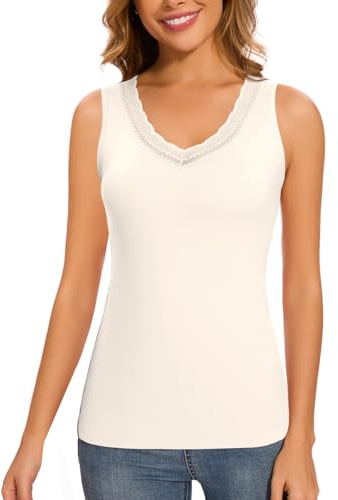 LEYSHE sous Vetement Thermique sans Manches en Polaire pour Femmes DéBardeur Thermique en Dentelle à Col en V Haut Thermique Femme éLéGant,Blanc,M
