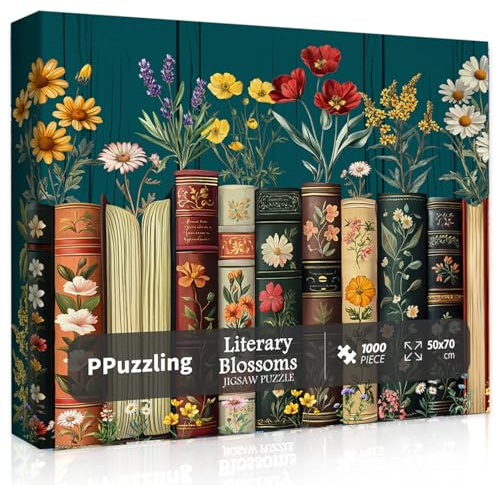 Vintage Wildflower Book Puzzles for Adults 1000 Pieces, Plant Floral Books Pages Jigsaw Puzzle, Retro Bookshelf Puzzles with Blossoming Wildflowers, Botanical Literary Theme Puzzle for Book Lovers