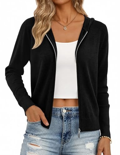 Aottori Cárdigan Negro Mujer Chaqueta de Punto con Cremallera Capucha Manga Larga Sudadera Elegante Ligera Sólido Casual Suéter Cardigan Abrigo Negro XXL