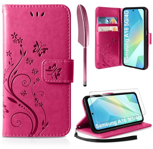 AROYI Lederhülle Kompatibel mit Samsung Galaxy A16 5G/4G Hülle und Schutzfolie, Flip Wallet Handyhülle PU Leder Case Kartensteckplätzen Schutzhülle Kompatibel mit Samsung Galaxy A16 5G Rosenrot