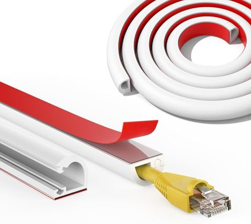 3M Goulotte Passe Cable, Auto-adhésif Canal de Câble Flexible pour Sol Mural, Facile à Couper, Demi-Rond Mini Goulottes de Câbles pour TV, Bureau et Maison – Blanc