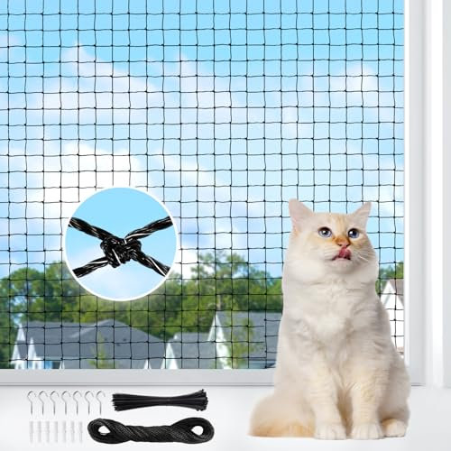 AQhui Filet Chat Balcon, Filet Chat Renforcé 3x4m, Filets de Protection sans Percage, Grillage Fenetre pour Chats, Filets Anti Chats avec Crochet Fixation Convient aux Couloirs, Terrasses