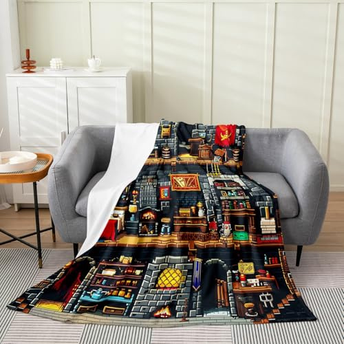 Building Games Flannel Blanket,Sandbox Block Pixelated Throw Blankets for Kids Teens,Miner Style Fleece Blankets Cartoon Checkered Office Chair/Sofa Decor Sherpa Blanket,40×50