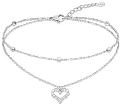 Amberta Silver Gold Waterproof Ankle Bracelets for Women | Boho Layered Anklets for Women | Summer Jewellery, Adjustable Ankle Chain Beaded Rope Heart: Silver Heart and Beaded Chain