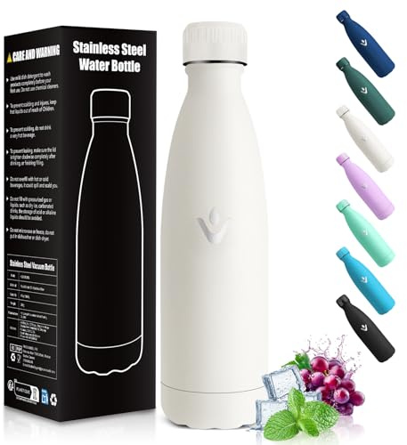 HoneyHolly Botella Agua Niños, Sin BPA 500ML, Botella Termica, Acero Inoxidable 18/8, Cantimplora, A Prueba de Fugas Reutilizable, Termo para Camping, Gimnasio, Escuela, Deportes-Blanco Crema