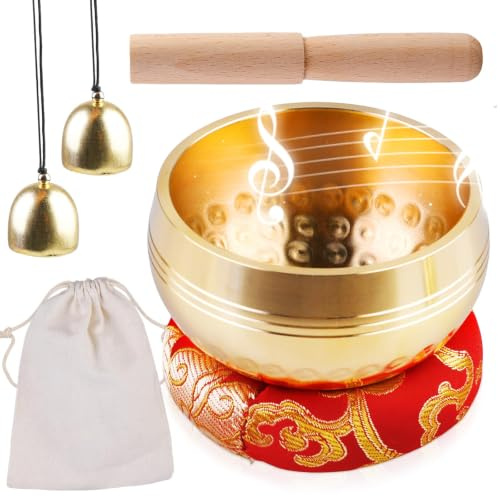 Tibetansk sångskål set – handarbete healing meditation yoga ljud skål sjungande skål liten från Nepal med träbricka, ljudskålskudde, mässingsklocka för kvinnor män, 8 cm