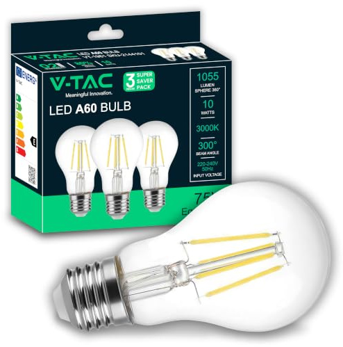 V-TAC 3x Bombillas LED Filamento A60 E27-10W (Equivalente a 75W) - 1055 Lumen - Bombilla Máxima Eficiencia y Ahorro Energético - Vintage Retro - Blanco Cálido 3000K