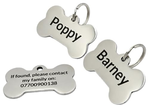 Personalised Stainless Steel Laser Engraved Bone Shaped Dog Tag with Split Ring, Double Sided, Available in 2 Sizes