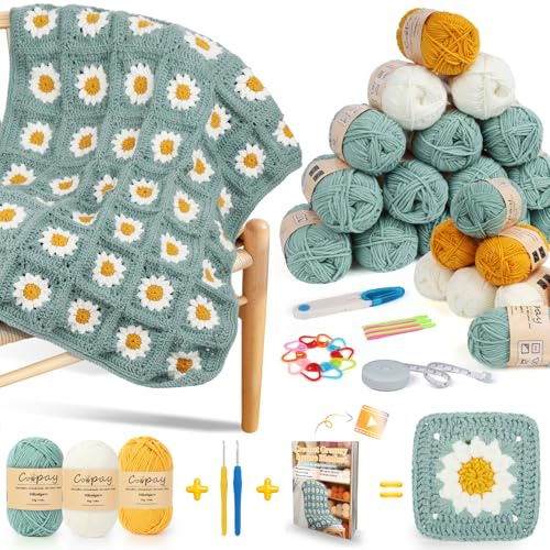 Coopay Juego de ganchillo Granny Square para principiantes, juego de ganchillo para manta de margaritas, juego de ganchillo completo con aguja de ganchillo, hilo de ganchillo, juego de ganchillo con