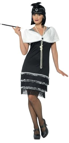 Smiffys Costume dames des années 1920, noir, avec robe, bandeau et tole en fourrure Halloween