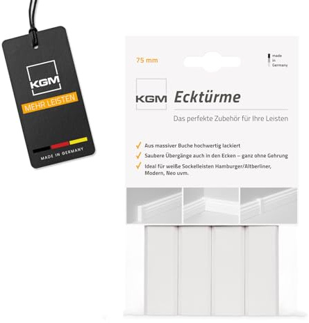 KGM 4x Eckturm Vorteilspack - Weiß lackierte Innen-, Außenecke oder Verbinder zwischen den Sockelleisten - Auch als Endkappe, Abschluss & Endstück geeignet - Maße: 21 x 21 x 75 mm - 4 Stück
