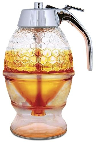 Hunnibi 8oz No Drip Glass Honey Dispenser with Plastic Top - Honeycomb-Style Syrup Server and Bee-Themed Storage Jar with Stand - 6