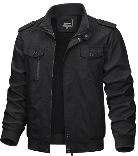 TACVASEN Men's Military Lightweight Jacket Army Cargo Windbreaker Zip Front Stand Collar Cotton Jackets with Multi Pockets Black 2XL