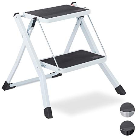 Relaxdays Escalera Plegable 2 Peldaños, Escalerilla Cocina, Doméstica, Antideslizante, Hierro, 45 x 50 x 50 cm, Blanco