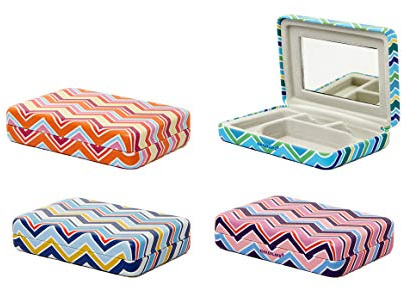 KIKKERLAND Portable Striped Travel Jewellery Organizer Mini Case with Mirror - (1 x Assorted Colour)