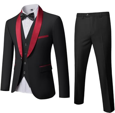 YND Men's 3 Piece Slim Fit Tuxedo Set, One Button Shawl Collar Solid Jacket Vest Pants with Bow Tie, Maroon Collar