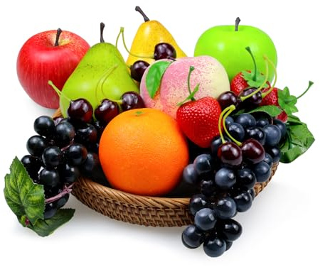 Tenorbass Confezione da 16 pezzi di frutta finta, frutta artificiale per la decorazione della casa e della cucina, frutta da esposizione per la decorazione del tavolo da pranzo, cibo finto realistico