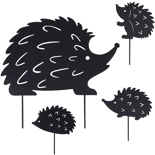 CREATCABIN 4 pcs 4 Styles Piquets Hérisson Silhouette Piquet Jardin Métal Animaux Silhouettes Noir Ornements Pelouse Jardinage Creux Cour Art Statues Accessoires Décoratifs pour Décor Cour Extérieure