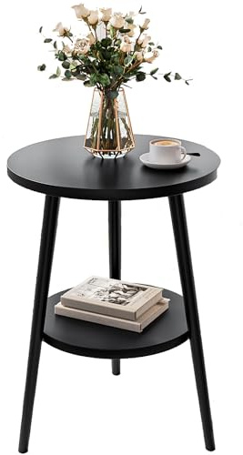Uptyia Mesa Auxiliar 2 Niveles Negra Mesita Redonda de Sofá Ø38x55cm, Moderna para Salón o Dormitorio, Fácil Montaje, Estilo Minimalista