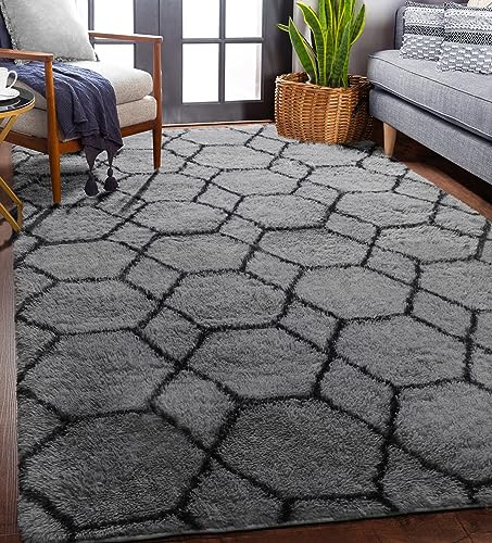 ONASAR Area Rugs for Bedroom Living Room, Fluffy 4x6 Grey and Black Bedside Rug for Nursery Kids Teen Dorm, Soft Shaggy Geometric Plush Fuzzy Indoor Floor Carpet for Home Decor Aesthetic