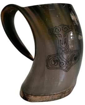 Viking By Heart Verkligt Oxhorn 15-18 cm långt, vikingars dryckeshornsmugg med träbas, graverat med Tors Hammare, 591 ml kapacitet, handgjord hornmugg Unika ölpresenter för män, kvinnor