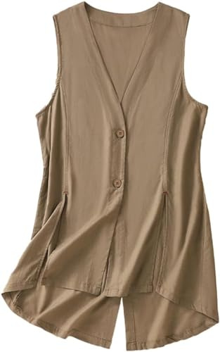 Mujeres de Cintura Alta Chaleco Largo de Lino Casual Suelta V Cuello Chaleco sin Mangas Chaqueta Primavera Verano Casual sin Mangas de algodón Chaleco de Lino