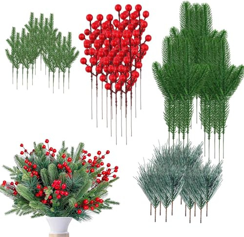 Rami di abete artificiali, rami di abete con bacche | di bacche rosse realistici di Natale | Decorazioni per la casa festival, pan di Natale per feste, composizioni floreali, fai da te