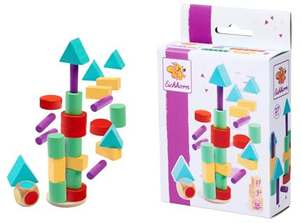 Eichhorn – Games – Stapelspiel mit Würfel, versch. Formen und Holzteile zum Stapeln, 27 teilig, aus Birkenholz, ab 3 Jahren