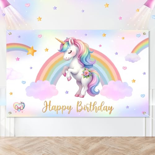 Striscione Sfondo Compleanno Unicorno, Striscione Compleanno Rosa 180 X 110cm Arcobaleno Decorazioni Compleanno Bambina Unicorno Festa Compleanno Sfondo Fotografico