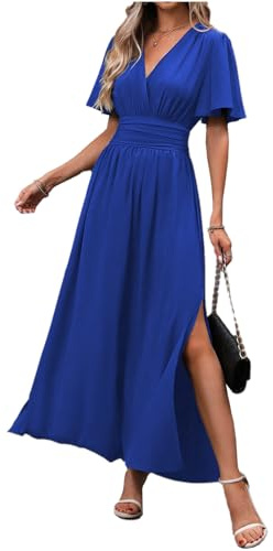 LUVCES Vestito Donna Elegante da Sera Scollo a V Tinta Unita a Pieghe Abito Lungo Casual Manica a Farfalla Spacchi Cerimonia Abiti Maxi Estivo Vestito Blu Reale M