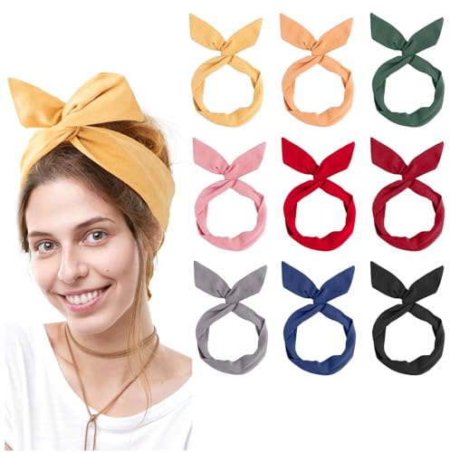 ANNASAMDO 9 Stück Stirnbänder Damen, Vintage Bow Flexibler Metalldraht Biegbar Haarreifen Haarband Stirnband mit Schleife, Retro Haarschmuck Headband Haare Zubehör für Dame Mädchen (9 Farben)