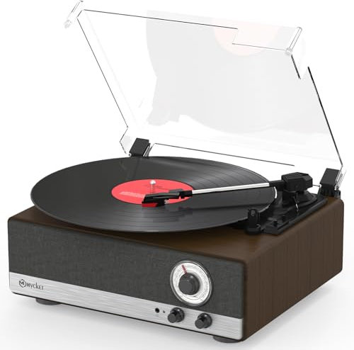 Mycket Vinyl Record Player with Dual Stereo Speaker, Bluetooth 5.3 Turntable Vintage Vinyl Player Support AM/FM Radio, Bluetooth Transmitter,RCA Out, 3 Speed Belt-Driven,Auto-Stop,Wooden Design-Grey