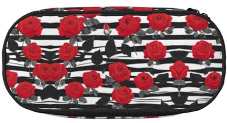 UVBDF Black White Stripes Red Rose Flowers Pencil Case for Men Women,Portable Pencil Pouch Aesthetic, Zipper Cases for Office Organizer
