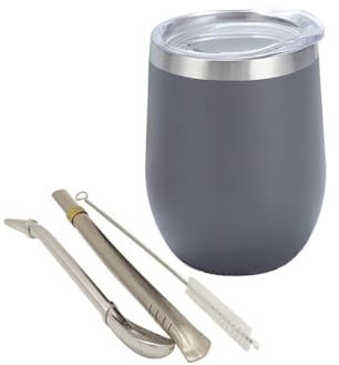 SZKKQKJ Taza de té mate de doble pared de acero inoxidable resistente al calor con tapa sin BPA, dos pajitas y cepillo de limpieza, para café,mate, té de frutas (gris,360ml)