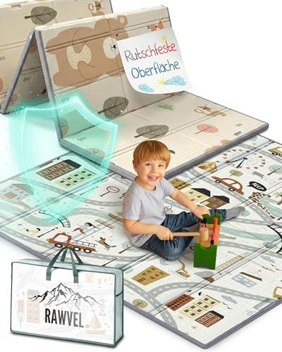 RAWVEL Krabbelmatte baby faltbar [127x127cm / 1cm Dick] Spielmatte Baby faltbar [100% BPA-Frei] Spielmatte Kinder Playmat krabbeldecke Doppelseitig | 2-in-1 Montessori Design | + Tragetasche