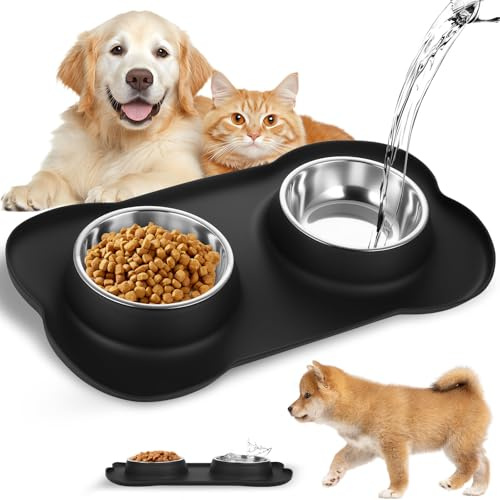 Futternapf Hunde Katzen, Hundenapf Kleine Hunde Fressnapf Katzen Napfset, Futterstation Hundenäpfe, Doppel Edelstahl Wassernapf Hundenapf Unterlage mit Silikon rutschfest Napfunterlage(33 x 20 cm)