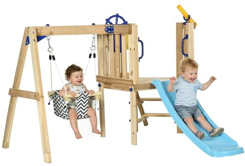 AIYAPLAY Columpio y Tobogán Infantil Exterior, Parque Infantil Exterior de Madera con Columpio, Tobogán, Volante, Telescopio, para Niños de 18-48 Meses, para Patio, Césped, Natural