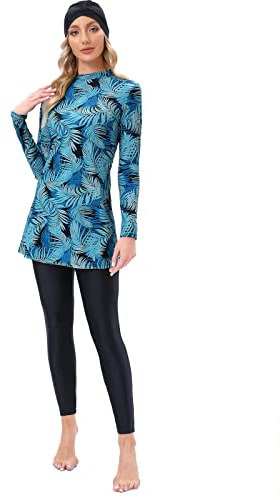 seafanny Maillot De Bain Modeste Femme 3 Pièces Couverture Complète Hijab Burkini(Feuille de Palmier 42-44) XL