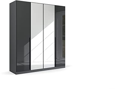 Rauch Möbel Modern by Quadra Spin Schrank Drehtürenschrank, Grau metallic-Glas Basalt, Schwarz, 4-TRG. mit Spiegel, inkl. 2 Kleiderstangen, 2 Einlegeböden, BxHxT 181x210x54 cm