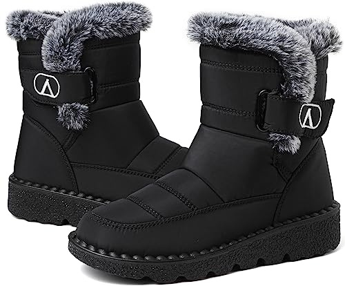 Csgkag Womens Winter Snow Boots Fur Lined Walking Boots Outdoor Mid Calf Lightweight Non-Slip Warm Shoes,Black,UK4