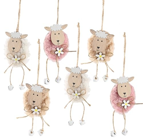 HERZWILD Easter Sheep Wood Pendants for Hanging Easter Decoration Pack of 6