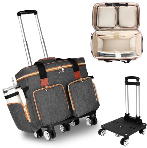 Sambois Rolling Teacher Tote Bag with Detachable Trolley, Wheeled Teacher Bag with Padded Laptop Compartment for up to 15.6 Inch, Multifunctional Rolling Briefcase for Teaching& Office (Elegant Gray)