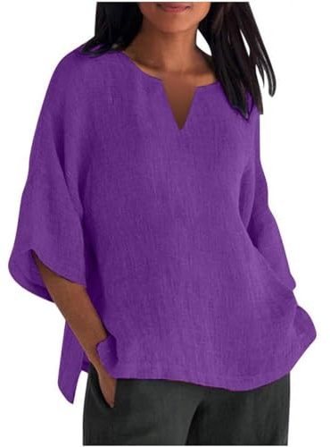 Uwdiohq Blusa Elegante Taglie Forti Camicia Casual da Donna con Maniche a 7 Quarti e Scollo a V, Tinta Unita, Ampia, Maglietta Magliette Palestra Bluse Eleganti Donna Cerimonia