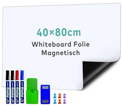 IFUNSOO Whiteboard Folie, Selbstklebend Magnettafel Folie, Magnetisch Selbstklebend Weißwandtafel inklusive 4 Whiteboard-Marker und Schwammradierer,Magnetfolie Weiß Abwischbare (Zentimeter, 40 x 80)