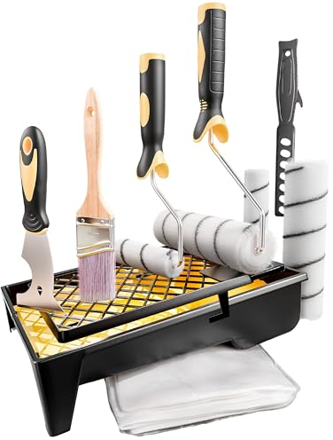 W4products Profi Malerset 12-teilig - Malerzubehör - Streichen Set - Premium Malerset Farbroller groß - Farbwanne Malerrolle klein & groß - Haarpinsel - Stoßspachtel - Farbrührer - Abstreifgitter