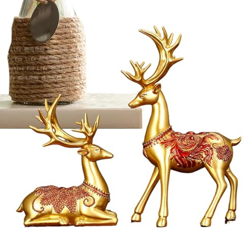 Figuras de reno de resina, estatuas de reno para decoración de interiores - 2X Decoración de reno de pie de oficina de la suerte,Figura de ciervo sentado, artesanía creativa de Navidad para mesa de ma
