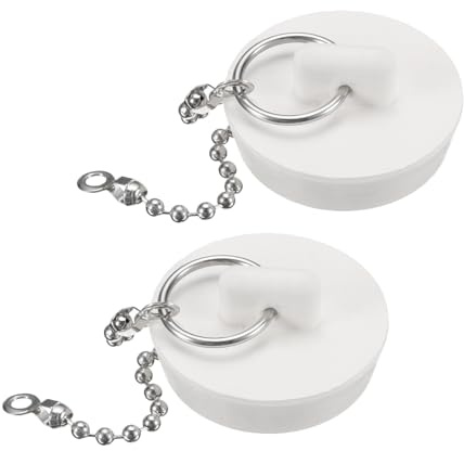 sourcing map 2Pcs Rubber Drain Stopper with Chain and Hanging Ring, Bathtub Drain Plug Fits 1 3/8 Inch, Rubber Sink Stopper Drain Plug for Bathtub, Kitchen and Bathroom, White